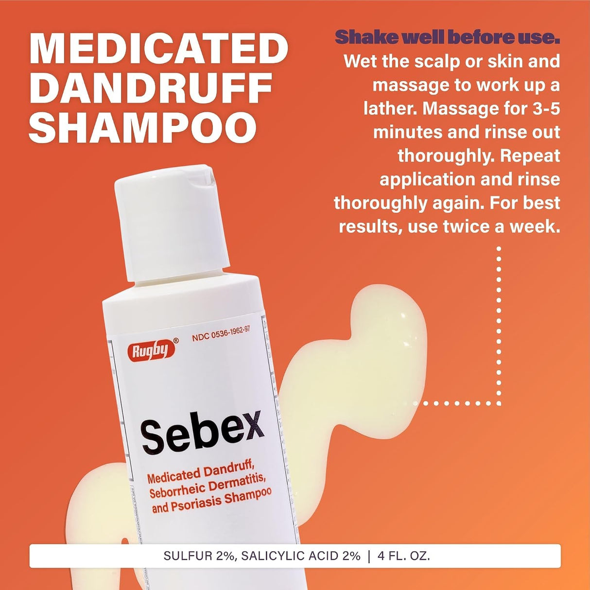 Rugby Sebex Medicated Dandruff, Seborrheic Dermatitis & Psoriasis Shampoo, Unscented, 4 fl oz