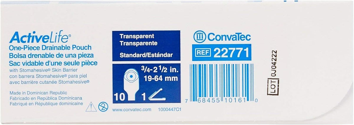 ConvaTec ActiveLife One-Piece Colostomy Pouch, Flat, Cut-to-Fit, Transparent, 12-Inch