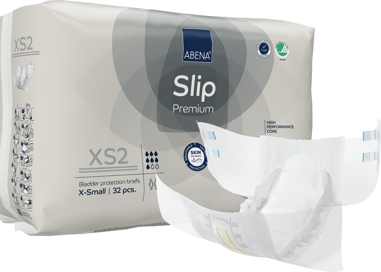 A package of Abena Slip Premium Level 2 Adult Diapers, X-Small size with moderate absorbency and odor control, contains 32 pieces. An individual diaper is shown in front of the Abena-branded package.