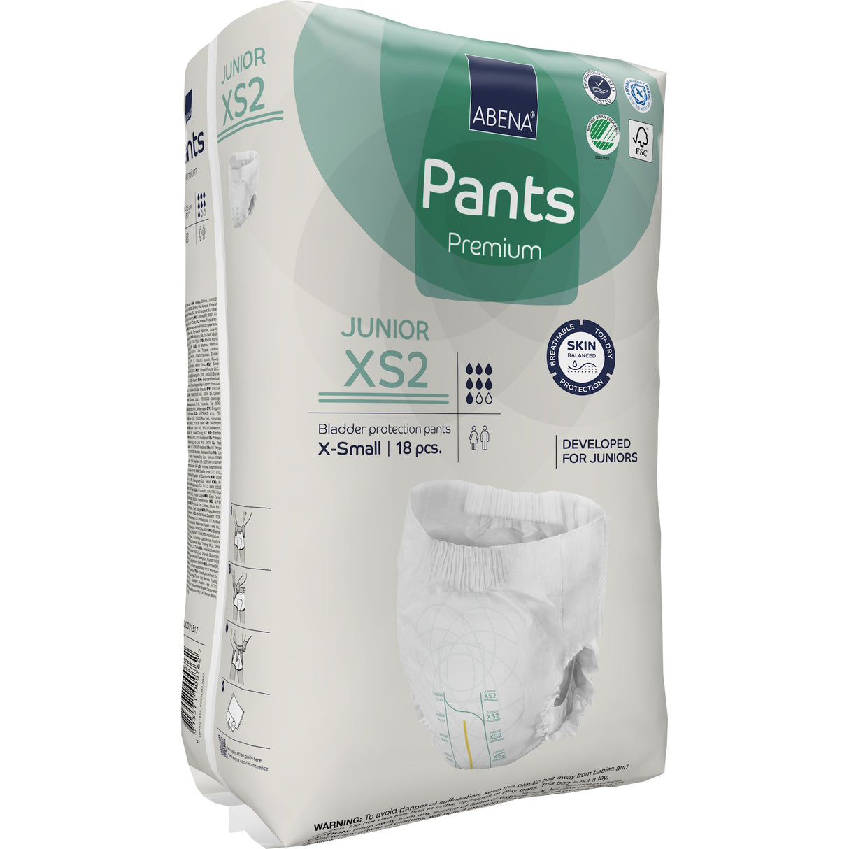A package of Abena Pants Junior Youth Incontinence Pull Ups, XS2, by Abena. The mostly white packaging with green accents contains 18 X-Small pull ups designed for juniors and highlights their features.