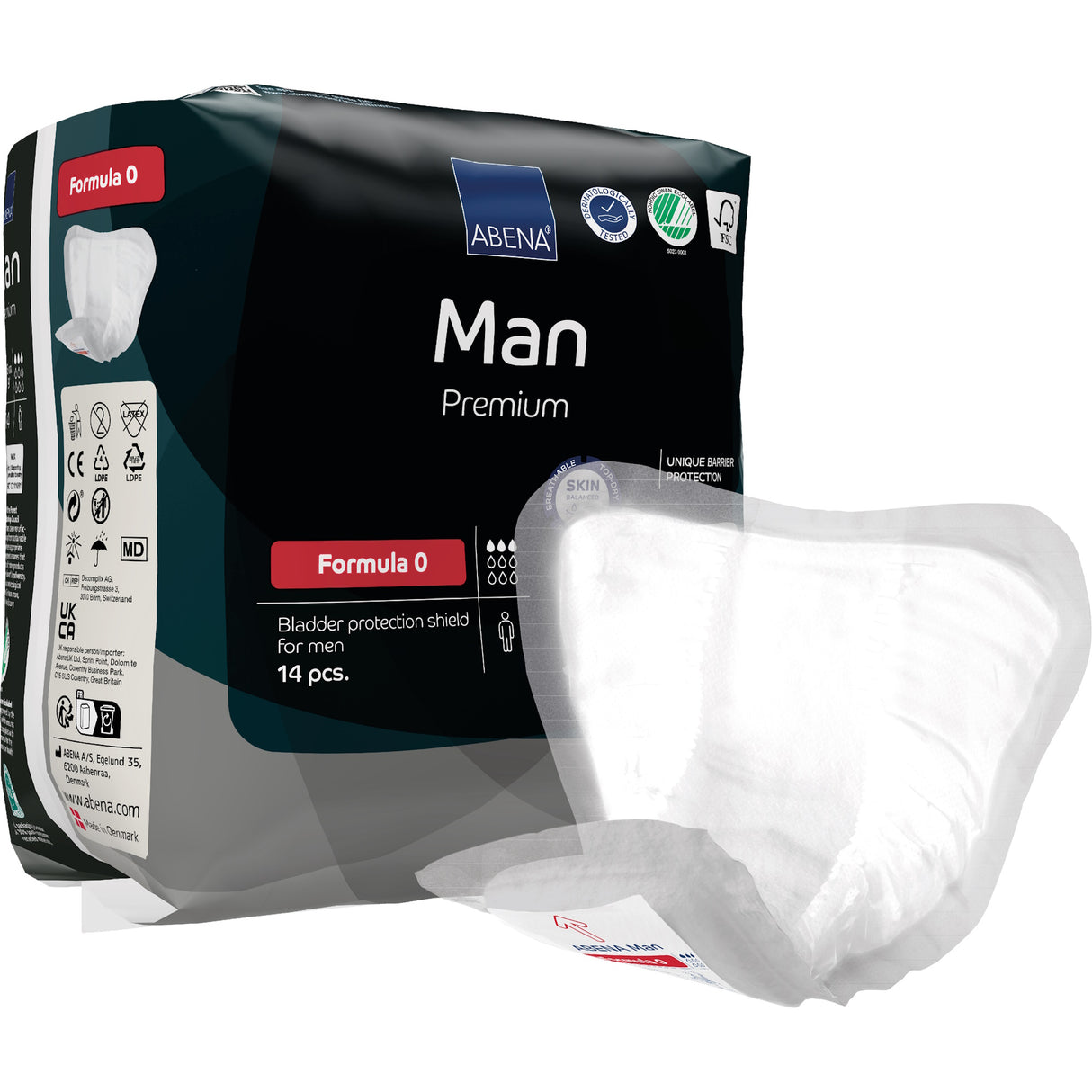 A pack of Abena Man Formula 0 Insert Pads by Abena, containing 14 discreet black pads for male incontinence, is shown next to a single white pad. The packaging displays certification symbols.