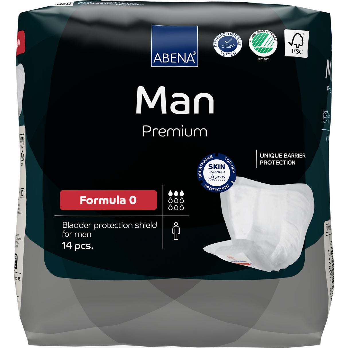 A black pack of Abena Man Formula 0 Insert Pads by Abena for men, shown with product image, 14 pads per pack, and icons for skin protection, dermatological testing, and eco-certification. Discreet design for comfort and security.