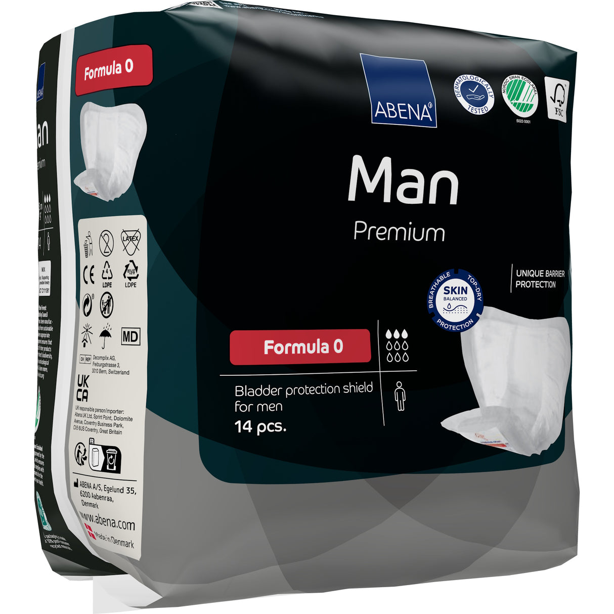 A pack of 14 Abena Man Formula 0 Insert Pads by Abena, designed for men. The black and gray packaging displays product images and certification icons, offering discreet, comfortable, and reliable protection.