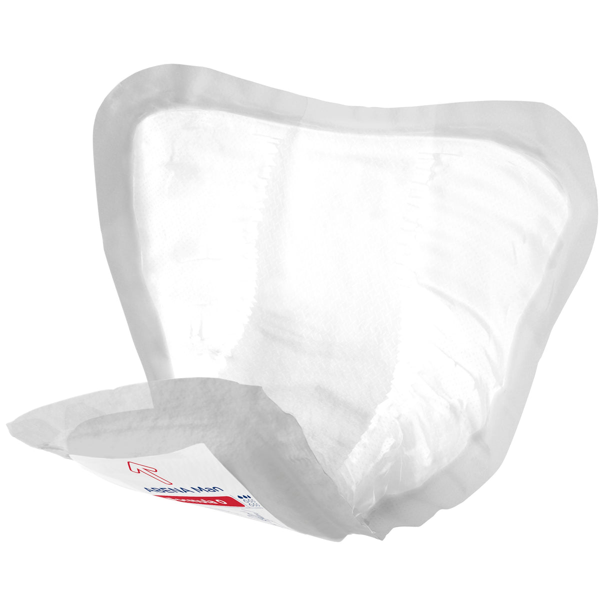 The Abena Man Formula 0 Insert Pad by Abena is a discreet white disposable male incontinence pad with contoured edges and an adhesive strip, partially folded to reveal its absorbent inner surface for reliable protection.