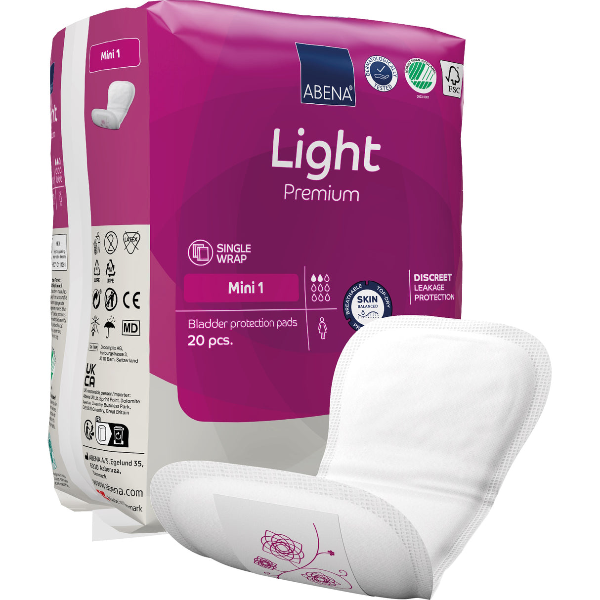 A package of Abena Light Mini 1 Bladder Control Pads by Abena is shown with a pink and white design. One pad is displayed in front, highlighting its shape, absorbent surface, and Top Dry system for very light absorbency.