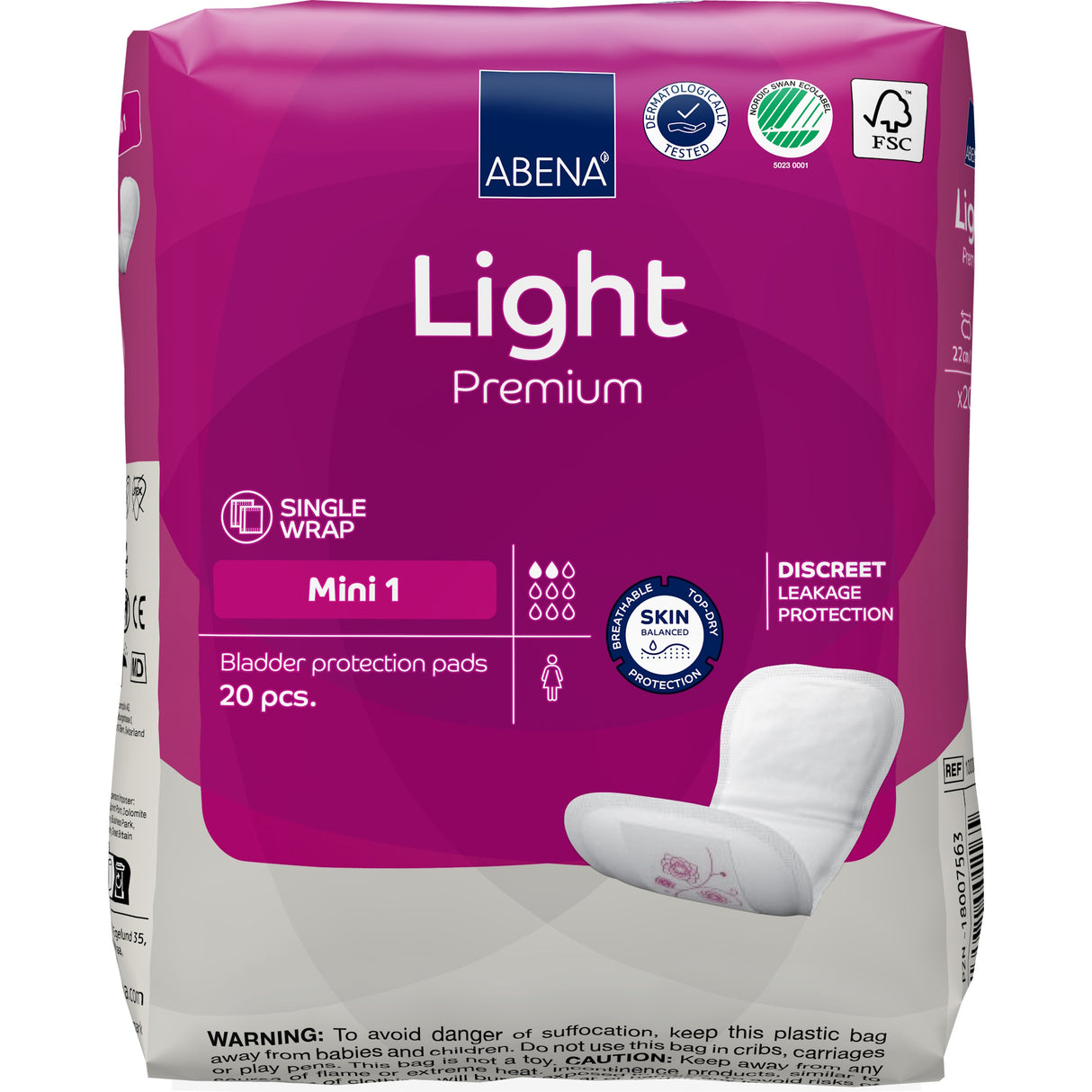 Abena Light Mini 1 Bladder Control Pads by Abena offer very light absorbency; each pink and white pack contains 20 pads and features product info, certification logos, and the Top Dry system on the front.