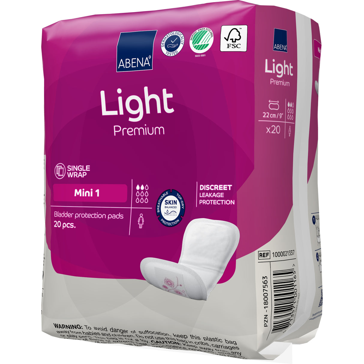 A pack of Abena Light Mini 1 Bladder Control Pads by Abena, with 20 single-wrapped pads in a pink and white design, offers very light absorbency, discreet leakage protection, and skin care thanks to the Top Dry system.
