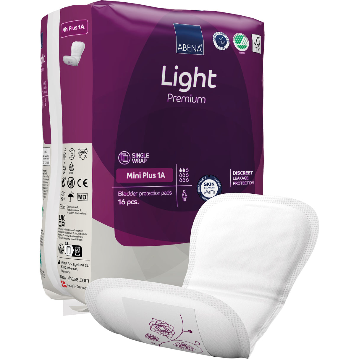 A purple and white Abena package with 16 Abena Light Mini Plus 1A Bladder Control Pads for very light absorbency, featuring the Top Dry system. One pad is displayed to show its shape and design.