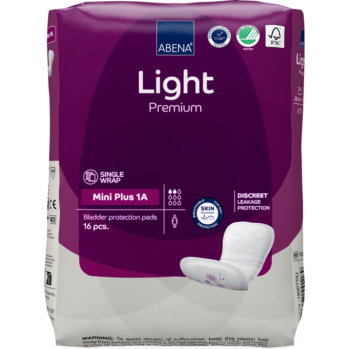 A pack of 16 Abena Light Mini Plus 1A Bladder Control Pads by Abena, single-wrapped with Top Dry system for very light absorbency, is shown with logos and a pad image on a purple and white background.