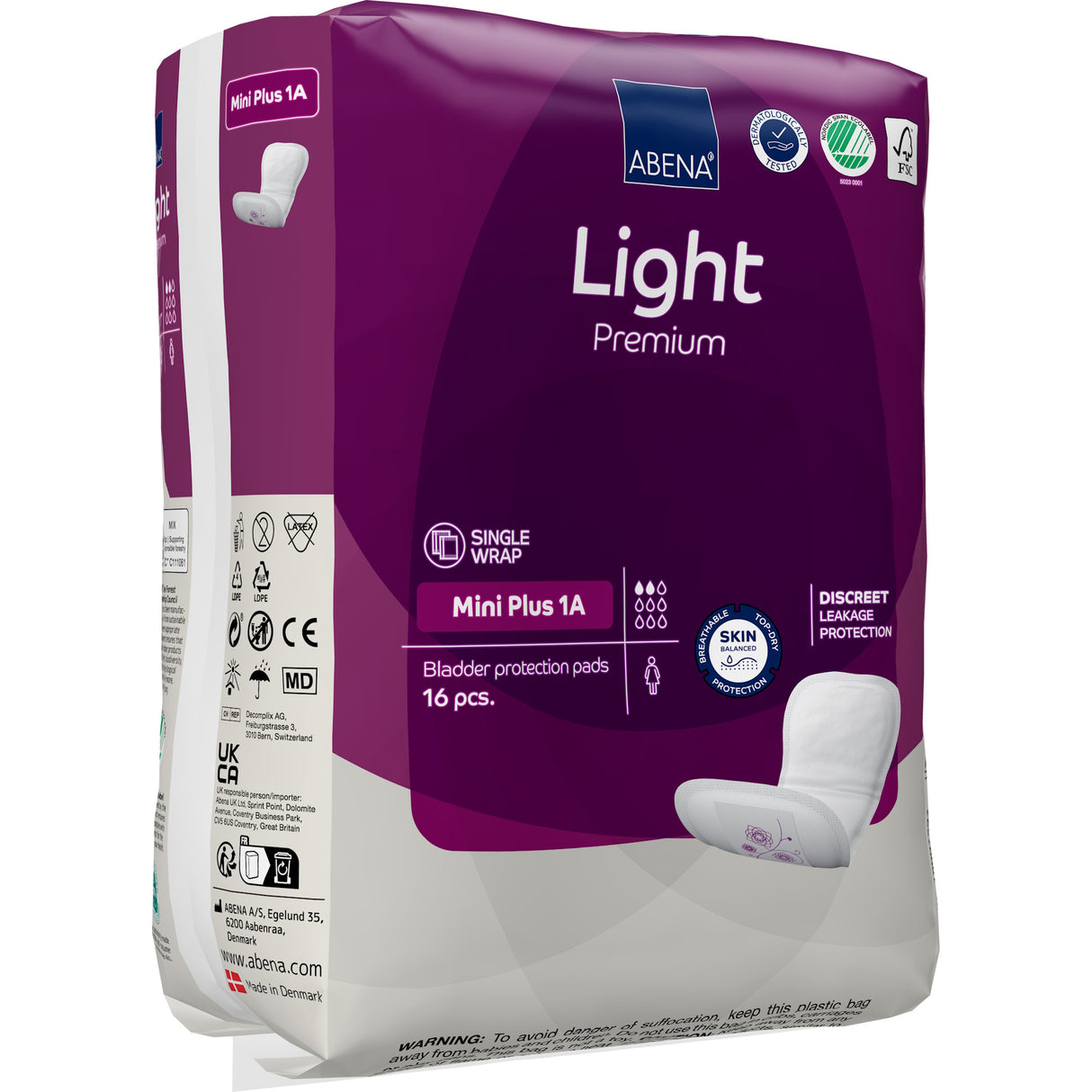 A pack of 16 Abena Light Mini Plus 1A Bladder Control Pads by Abena with a purple design offers discreet leakage protection, very light absorbency, Top Dry system, and skin-friendly features.