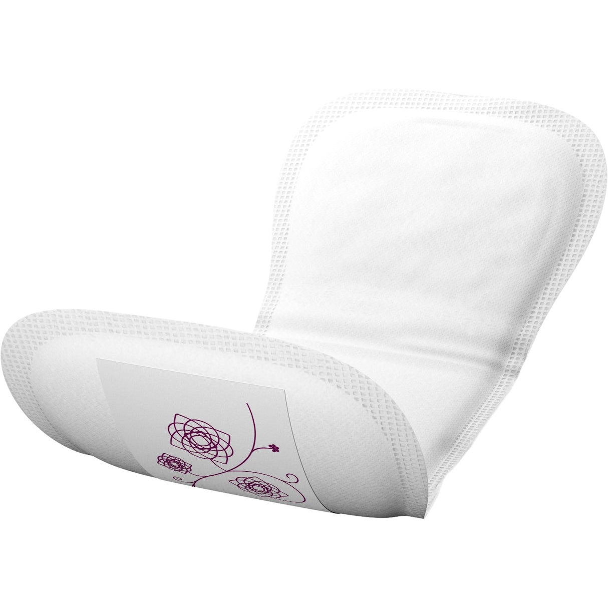 A close-up of an unused Abena Light Mini Plus 1A Bladder Control Pad by Abena, featuring very light absorbency, a slight curve, and a decorative purple floral design on the adhesive strip.