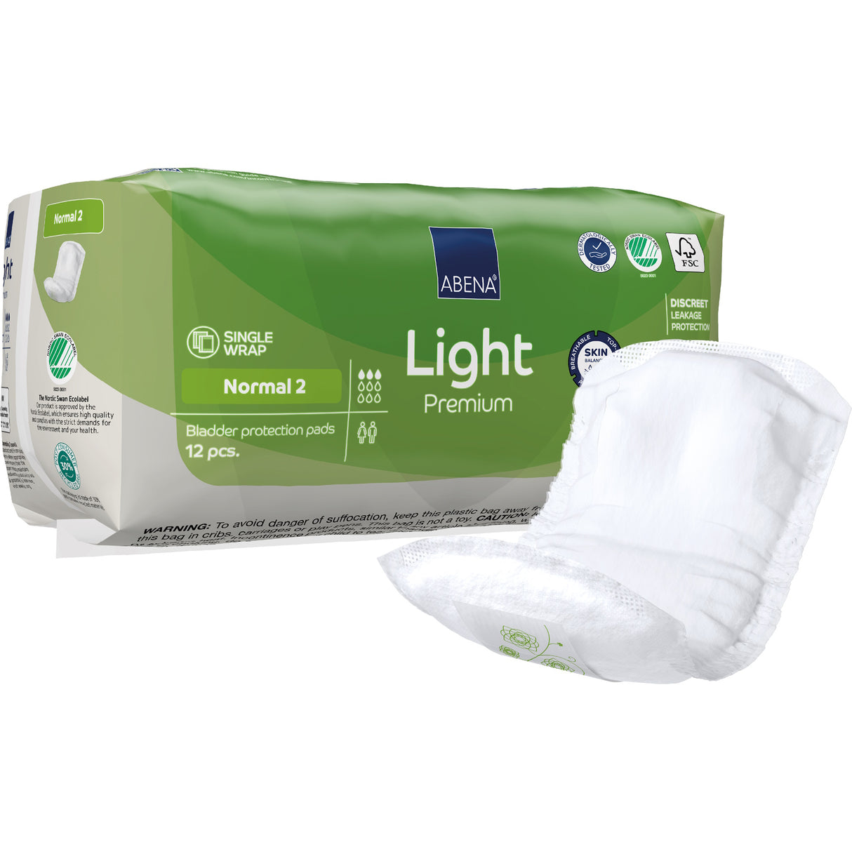 A green and white pack labeled Abena Light Normal 2 Bladder Control Pad by Abena, containing 12 discreet light absorbency pads, with one white pad displayed outside the package.
