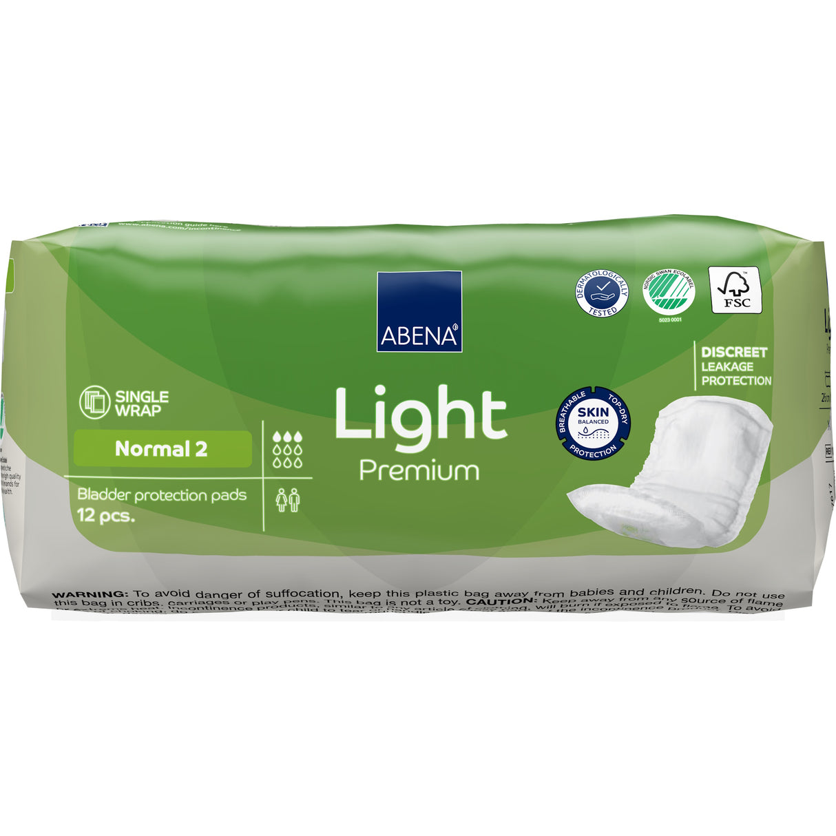 Abena Light Normal 2 Bladder Control Pad, pack of 12, features discreet green packaging, Top Dry system for dryness, skin-friendliness, and FSC certification—ideal for light absorbency needs.