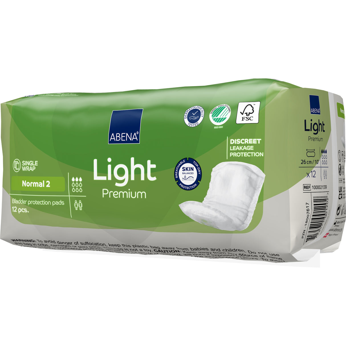 A package of Abena Light Normal 2 Bladder Control Pads by Abena, light absorbency, 12 count, featuring Top Dry system and certification logos on a green and white background.