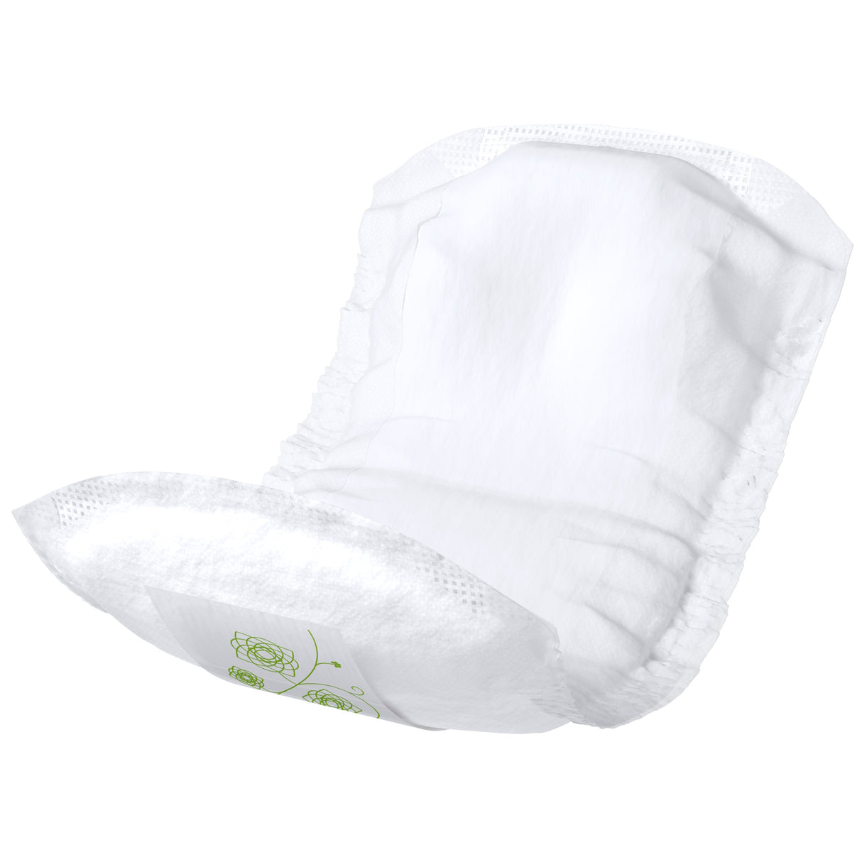 An Abena Light Normal 2 Bladder Control Pad from Abena, white with subtle green turtle designs, is shown open and angled to display its discreet hygiene features, absorbent inner padding, and secure elastic edges.