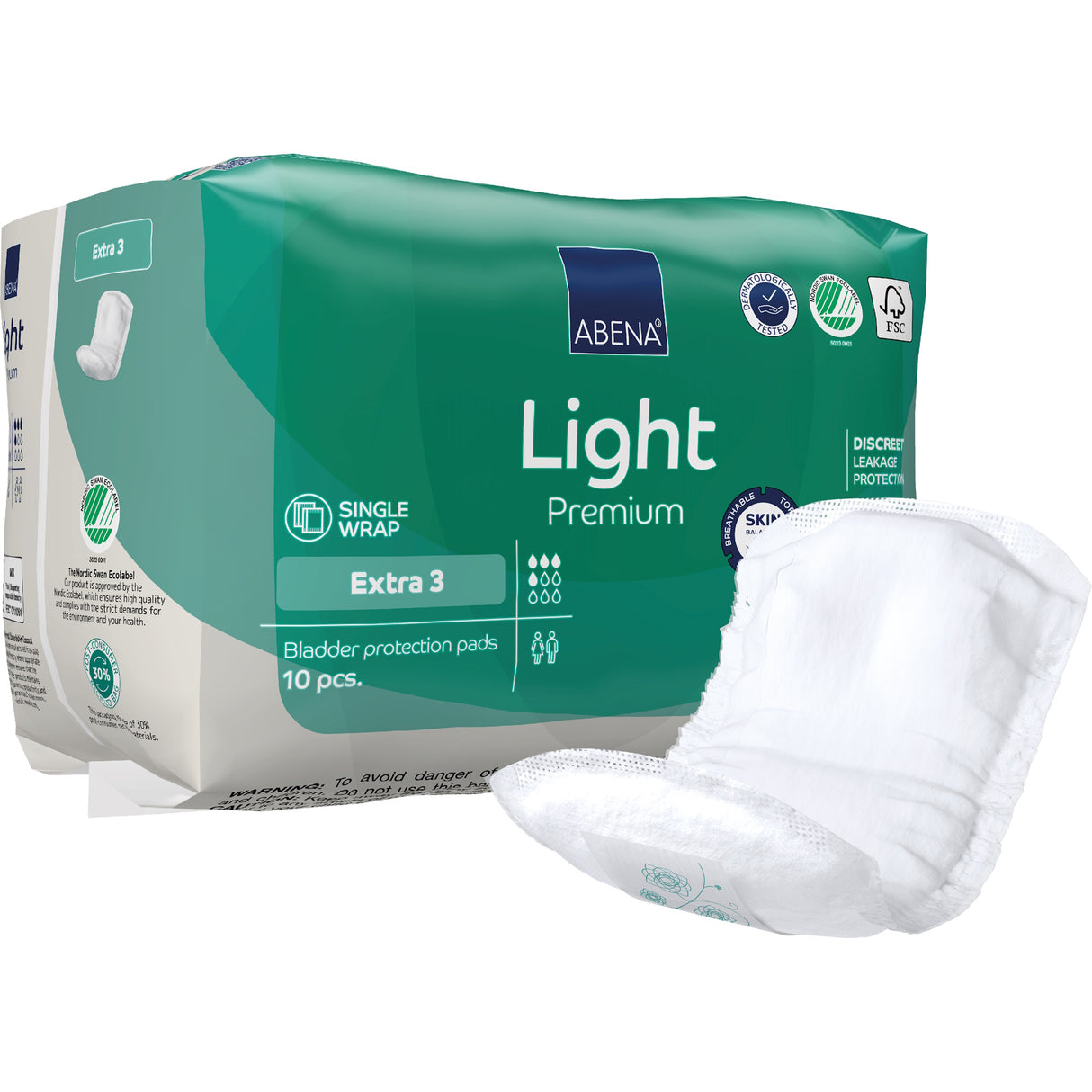 A package of Abena Light Extra 3 Bladder Control Pads by Abena with one pad displayed outside the green and white pack. The packaging shows key feature icons, product info, and promotes the Top Dry system for comfort.
