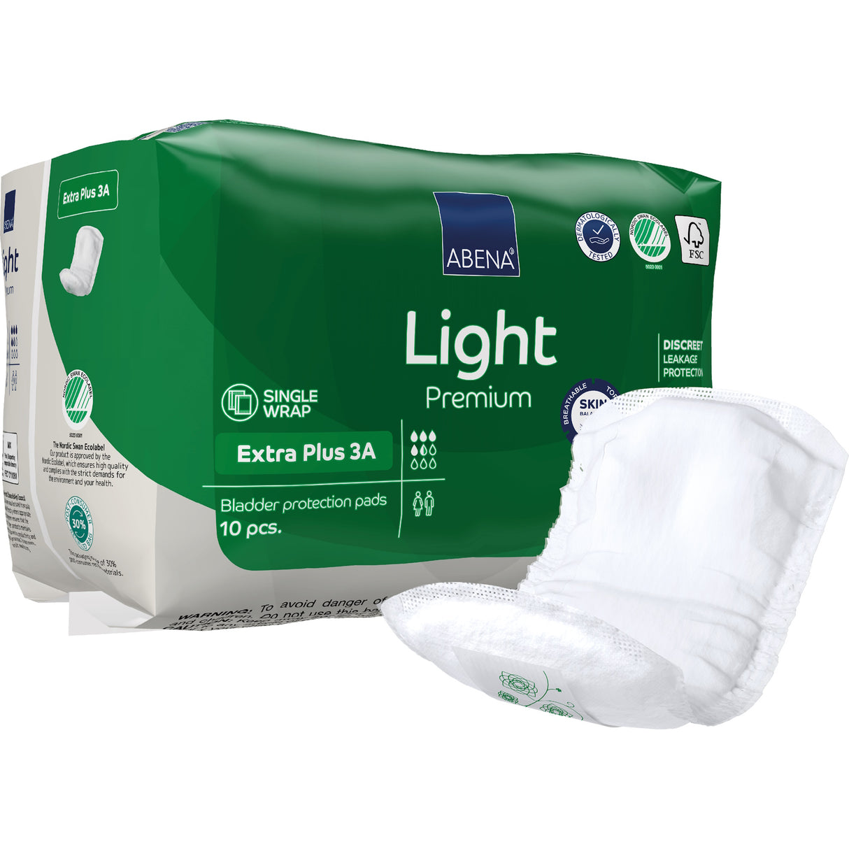 A green and white pack of Abena Light Extra Plus Bladder Control Pad 3A by Abena, containing 10 breathable pads, with one white pad shown outside the packaging. Pack features various product icons.