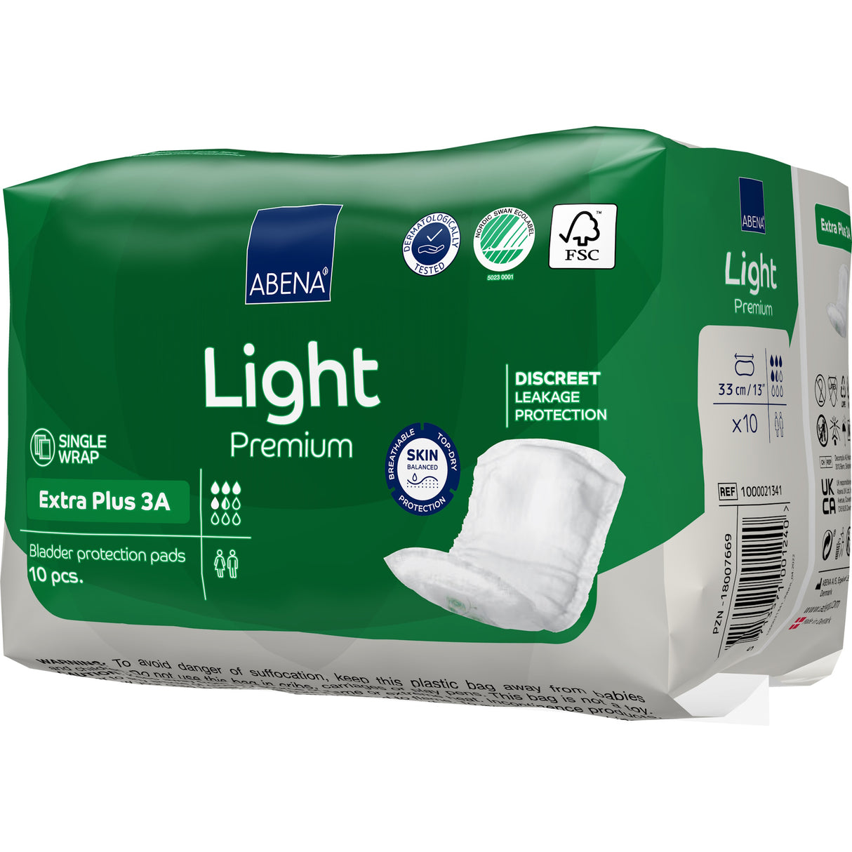 A green pack of Abena Light Extra Plus Bladder Control Pad 3A by Abena contains 10 pads. It features discreet leakage protection and skin-friendly design, with a product image on the package.