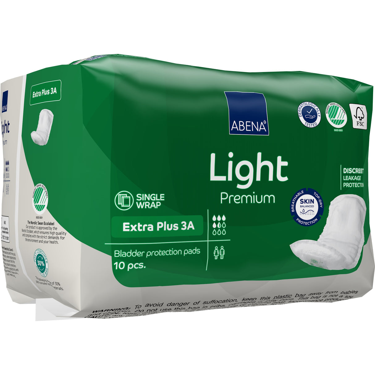 A pack of 10 Abena Light Extra Plus Bladder Control Pads 3A by Abena in green and white packaging, featuring product details and a pad illustration on the front.
