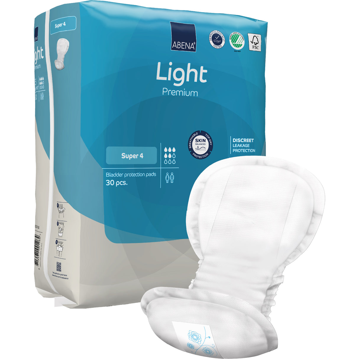 A package of Abena Light Super 4 Bladder Control Pads by Abena, containing 30 pads. One pad is displayed in front of the blue and white pack, featuring moderate absorbency and a Top Dry system for added comfort.
