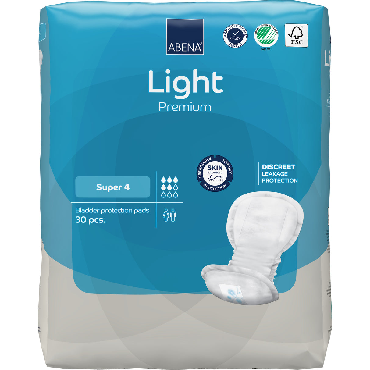 A pack of 30 Abena Light Super 4 Bladder Control Pads by Abena offers moderate absorbency, discreet leak protection with Top Dry system, skin-friendly design, and certification logos on a blue and gray background.