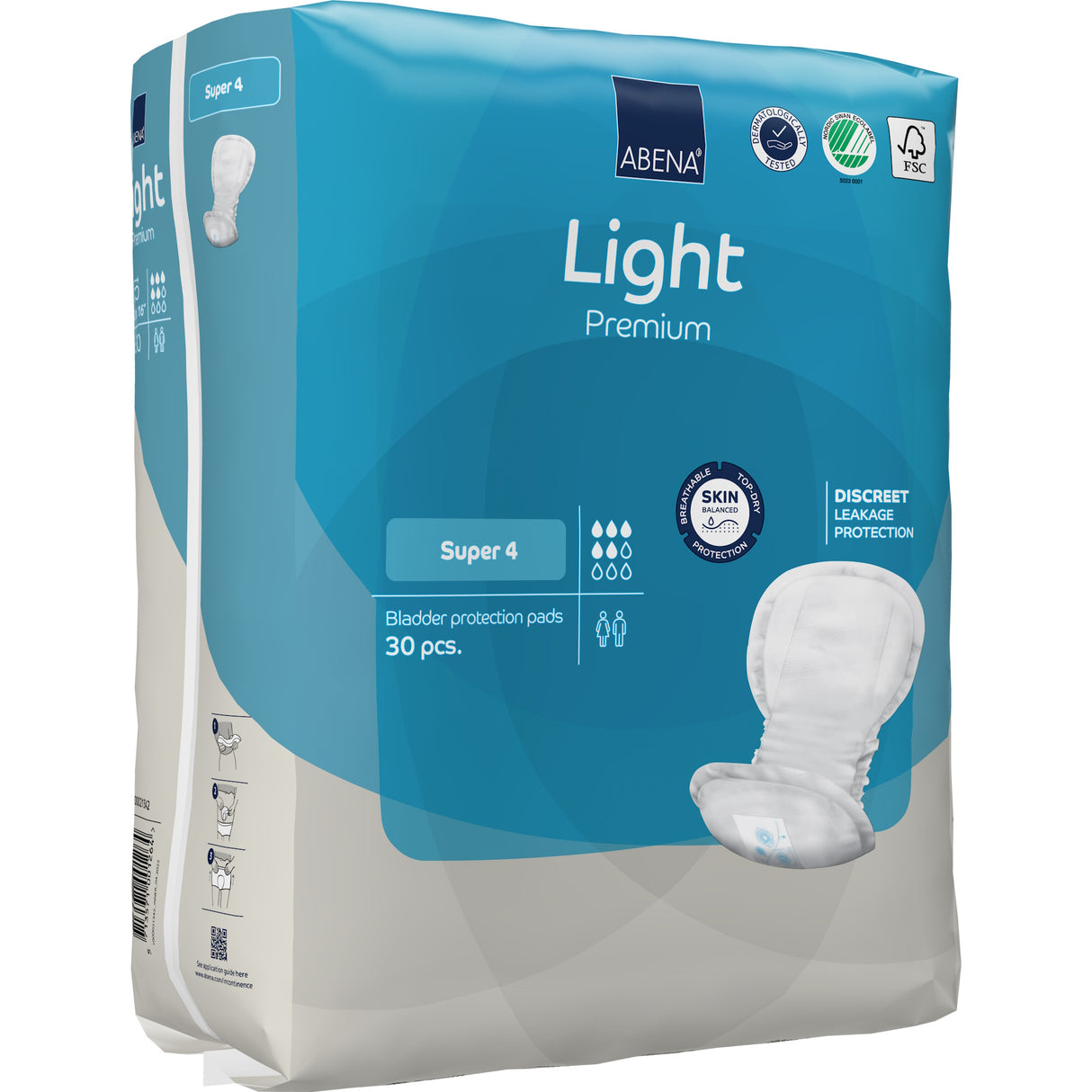 Abena Light Super 4 Bladder Control Pad by Abena comes in a 30-pack. The blue and white packaging features the Top Dry system for discreet leakage protection, gentle on skin, and offers moderate absorbency.