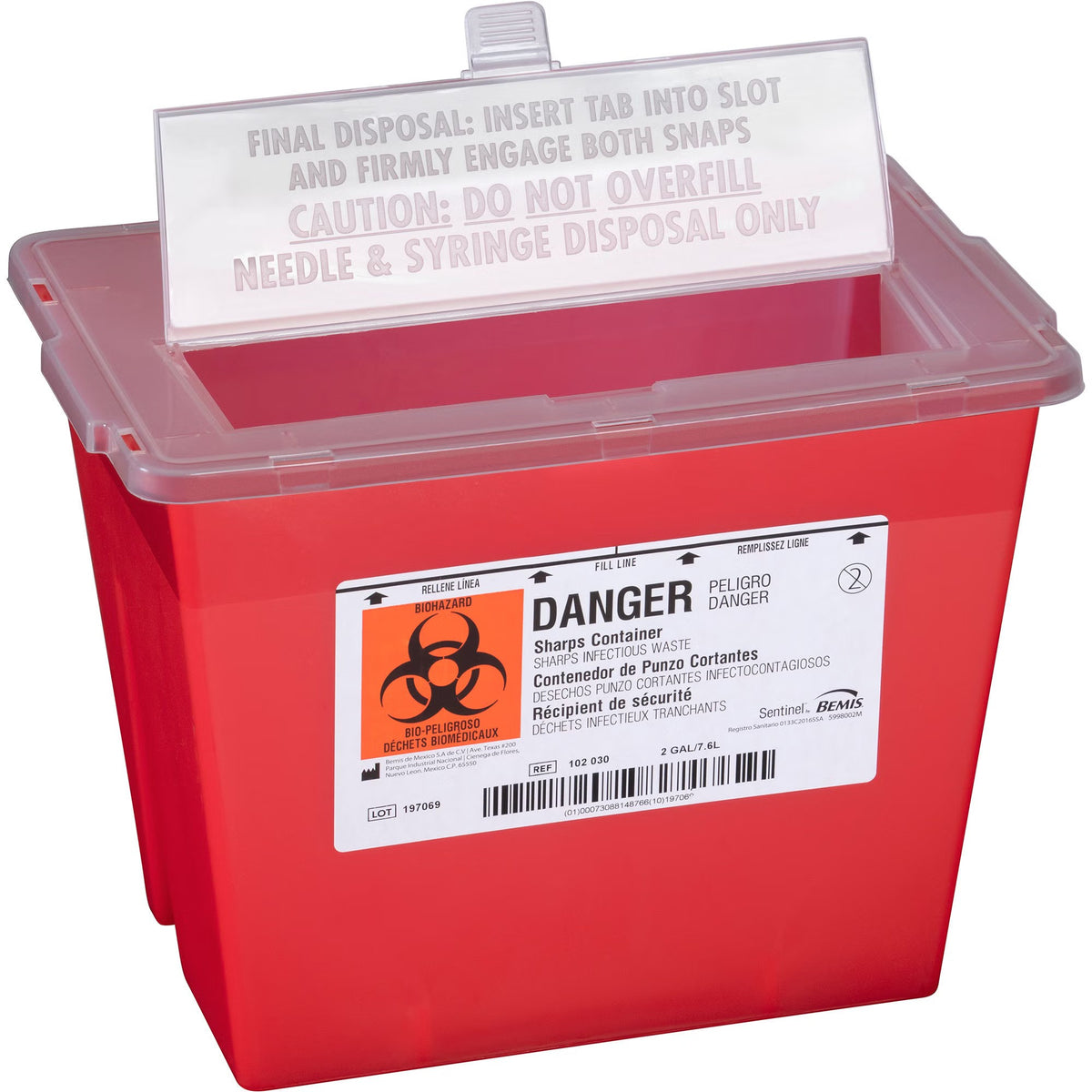 Bemis Sentinel Sharps Container, Translucent Red Base, 2 gal., 8.625 x 11.625 x 7.75", Horizontal Entry, Plastic, Non-Sterile - 102 030 - LL Medico