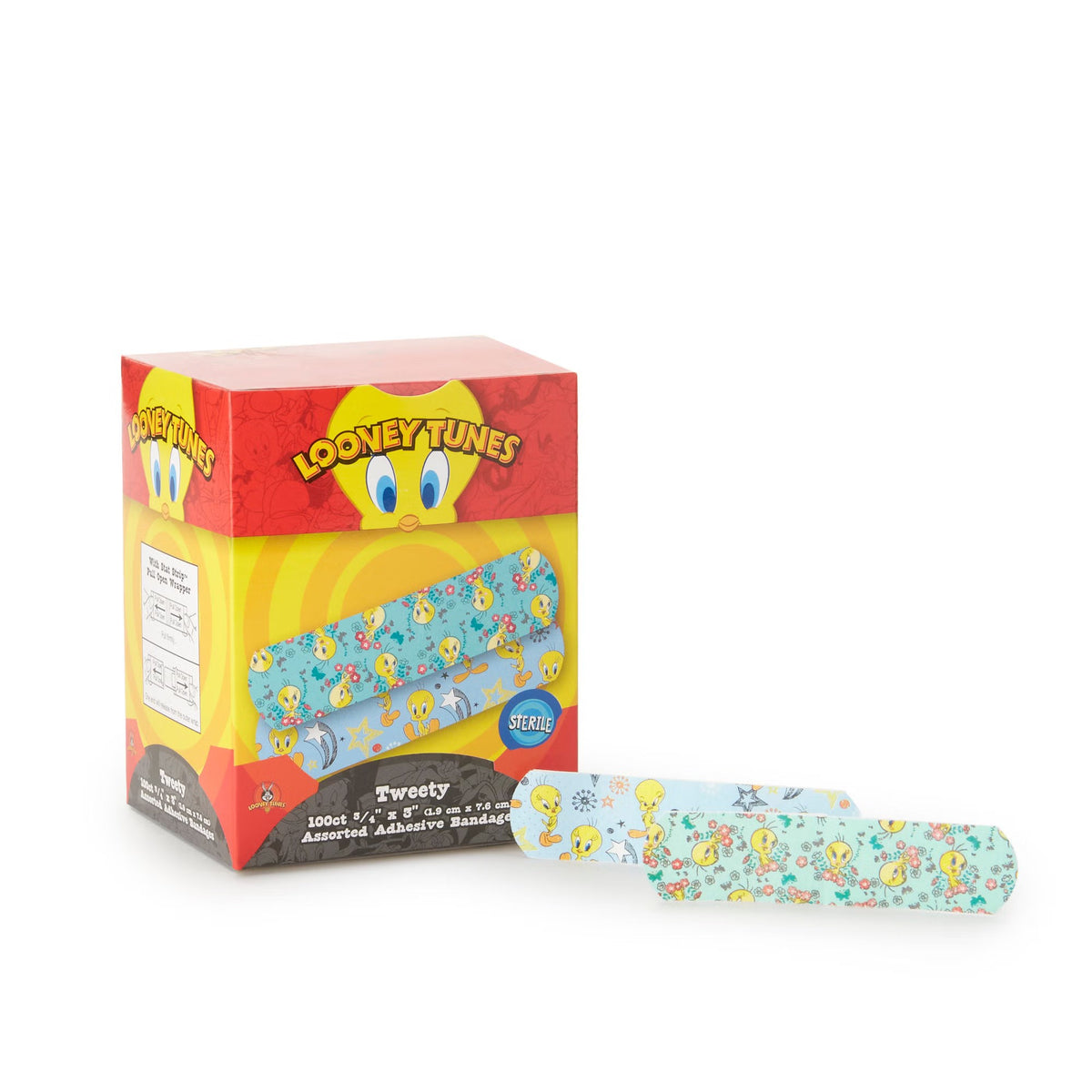 Dukal Looney Tunes Stat Strip Tweety Design Adhesive Bandages, Sterile, ¾ x 3", 100 Count - 1083737 - LL Medico
