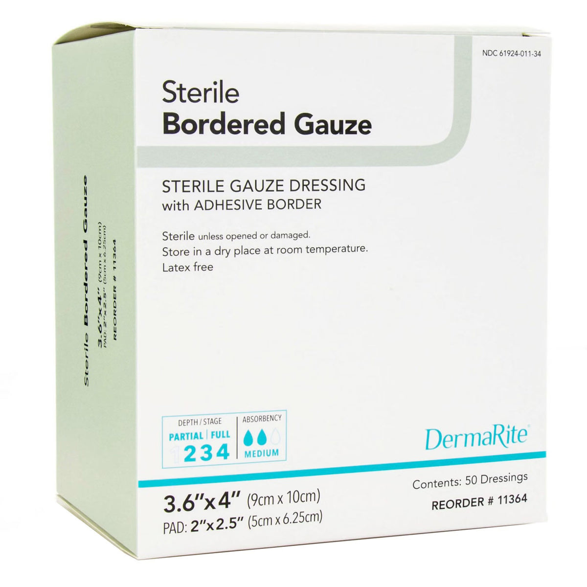 DermaRite Bordered Gauze, Adhesive Island Dressing, White, Gauze, Sterile, 3.6 x 4" - 11364-Single - LL Medico
