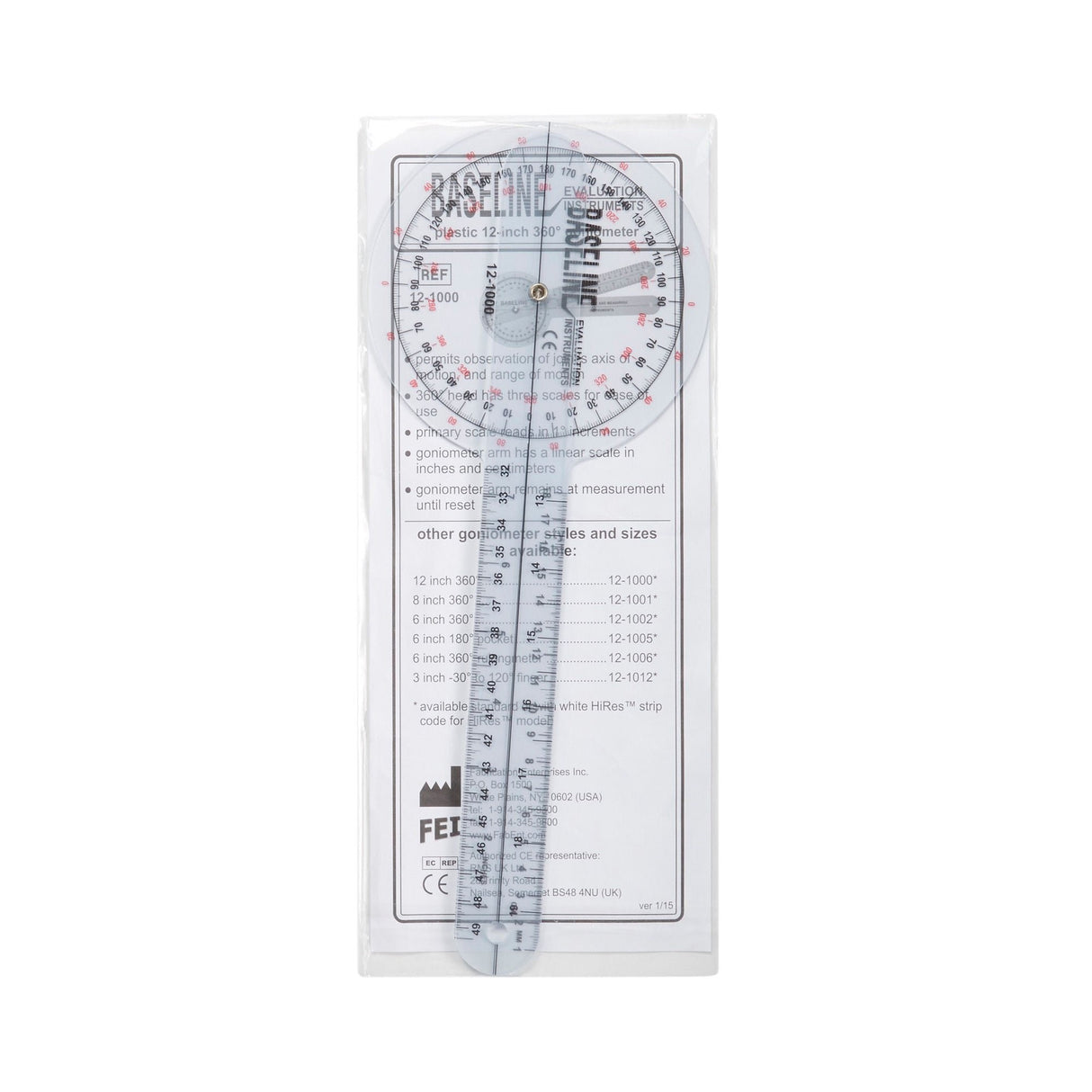 Baseline Plastic Goniometer, Transparent, 360 Degree, 12"
