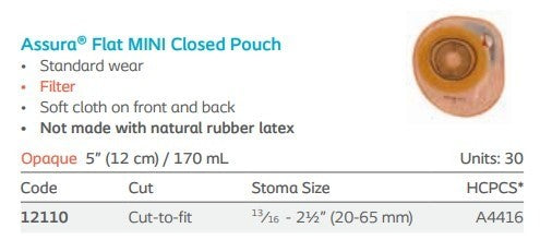 Coloplast Assura Flat One-Piece Colostomy Pouch, Cut-to-Fit, Opaque, 8-1/2-Inch, with Filter