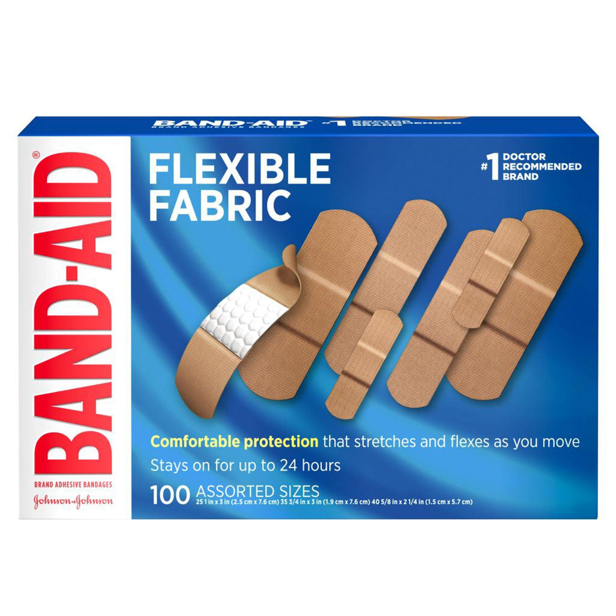 Band-Aid Flexible Fabric Adhesive Bandages, Sterile, Assorted Sizes, Box of 100