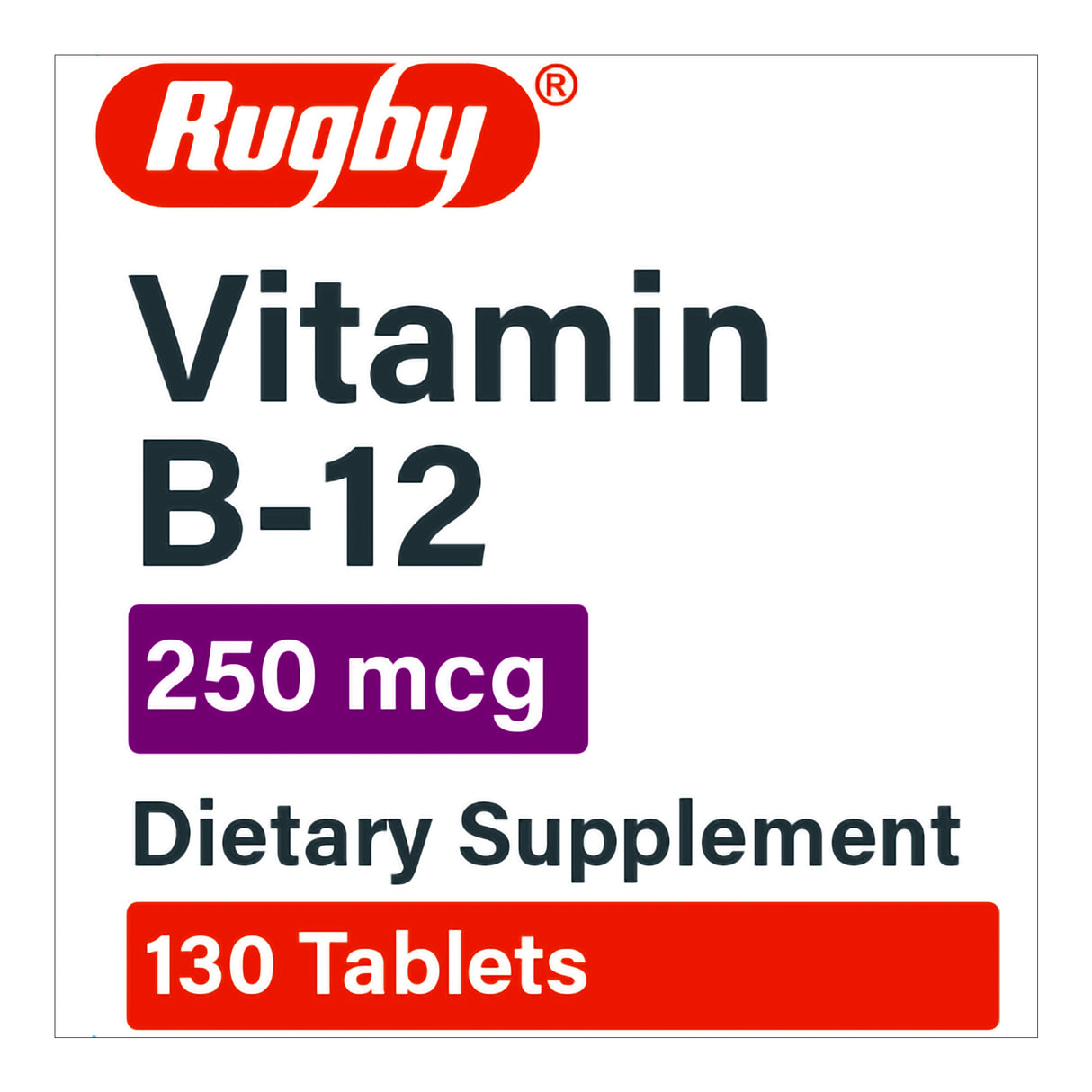 The image displays the Rugby Vitamin B12 Supplement label, highlighting 250 mcg strength and 130 tablets in bold purple and red. The supplement, by Rugby, supports energy metabolism and nervous system health.
