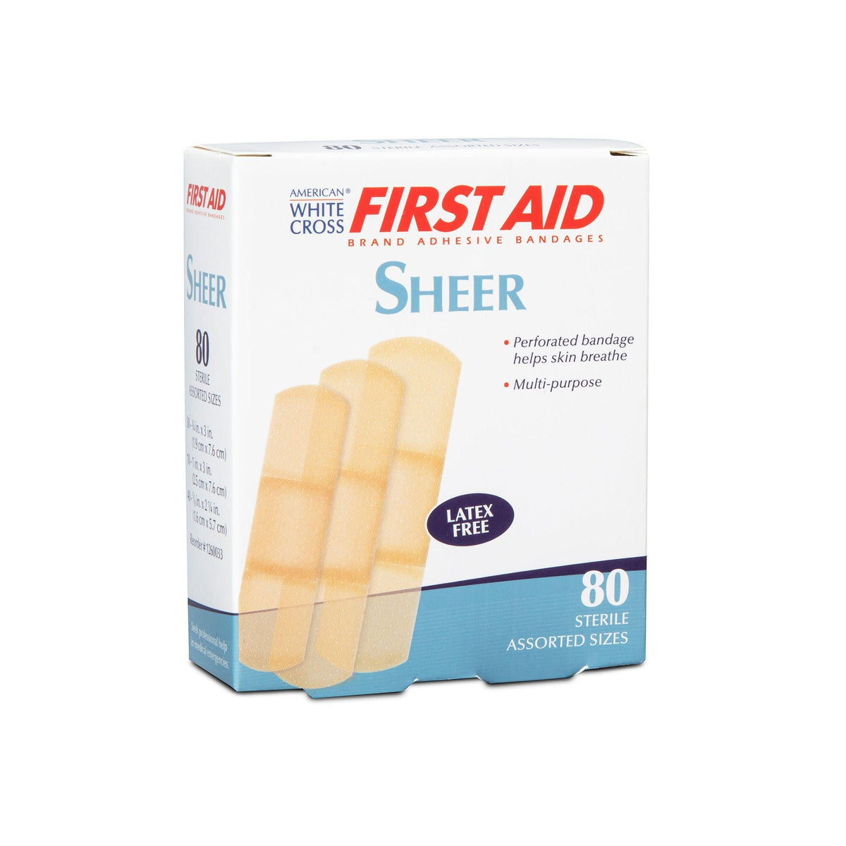 American White Cross First Aid Adhesive Strips, Sheer, Plastic, Sterile, 1" x 3", 0.75" x 3", 0.625" x 2.25" - 1260033-Box - LL Medico