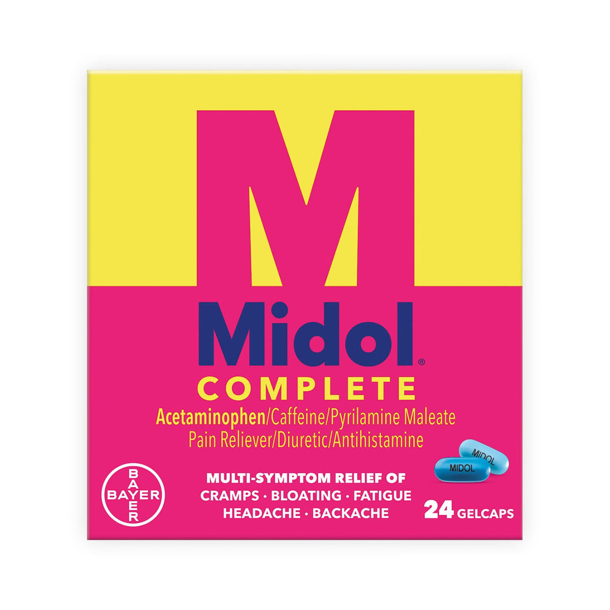Midol Complete Menstrual Pain Relief Gelcaps, Acetaminophen 500 mg - Caffeine 60 mg - Pyrilamine Maleate 15 mg - 12843017253 - LL Medico