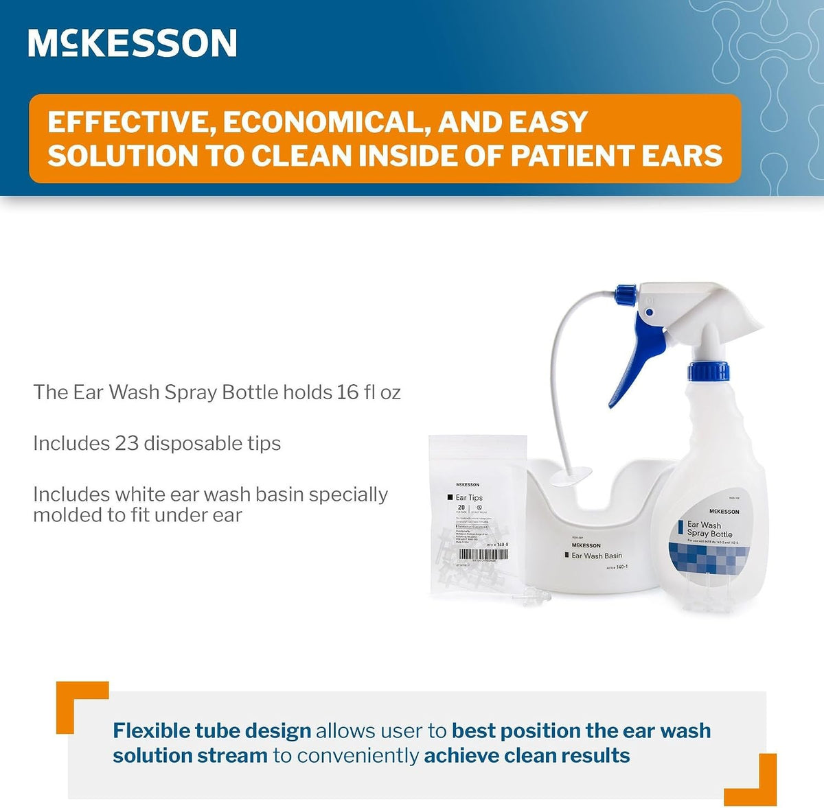 McKesson Ear Wash System with Basin, Flexible Tube & 23 Disposable Tips