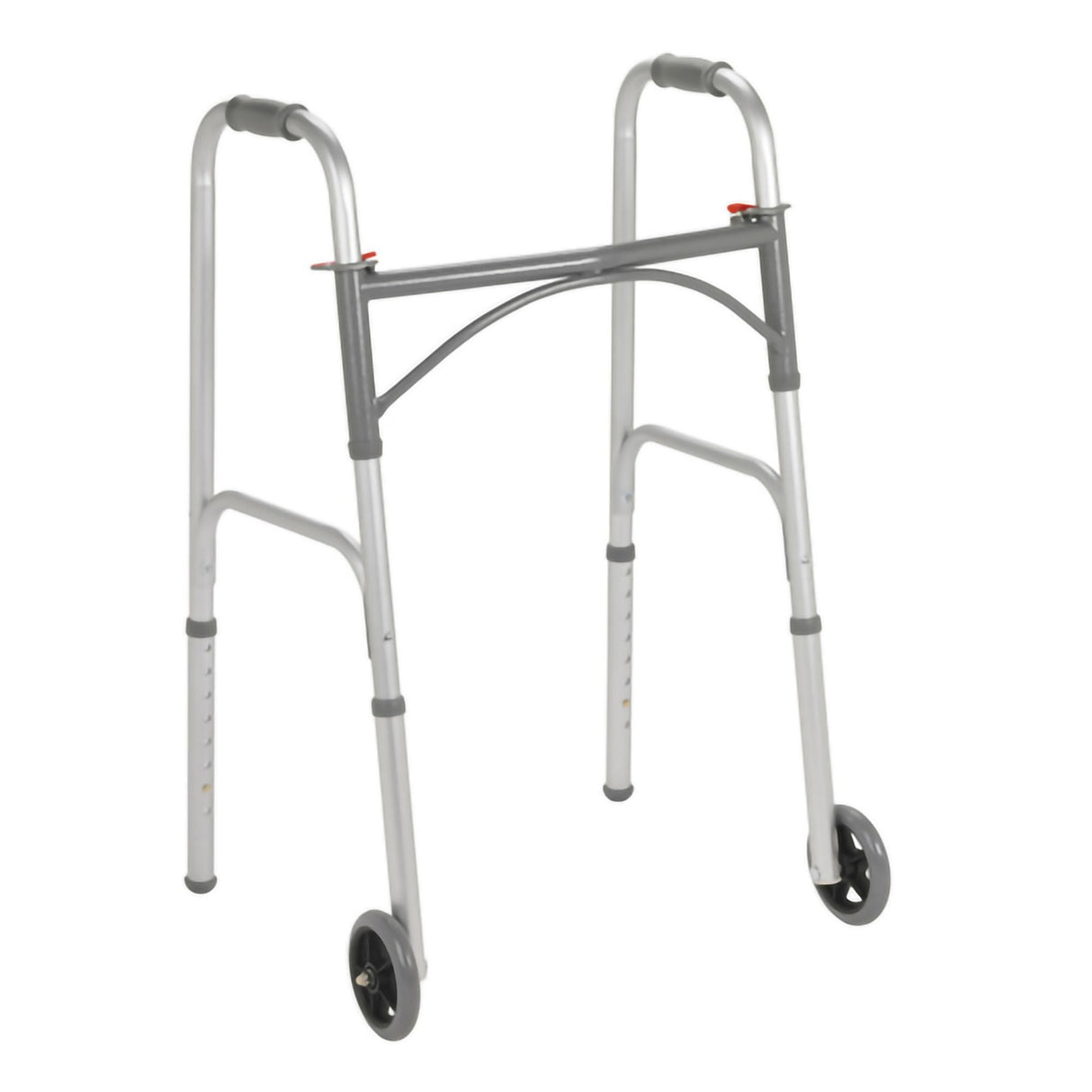 Dual Release Folding Walker with Wheels Adjustable Height McKesson Steel Frame 350 Lbs. Weight Capacity 32 to 39 Inch Height