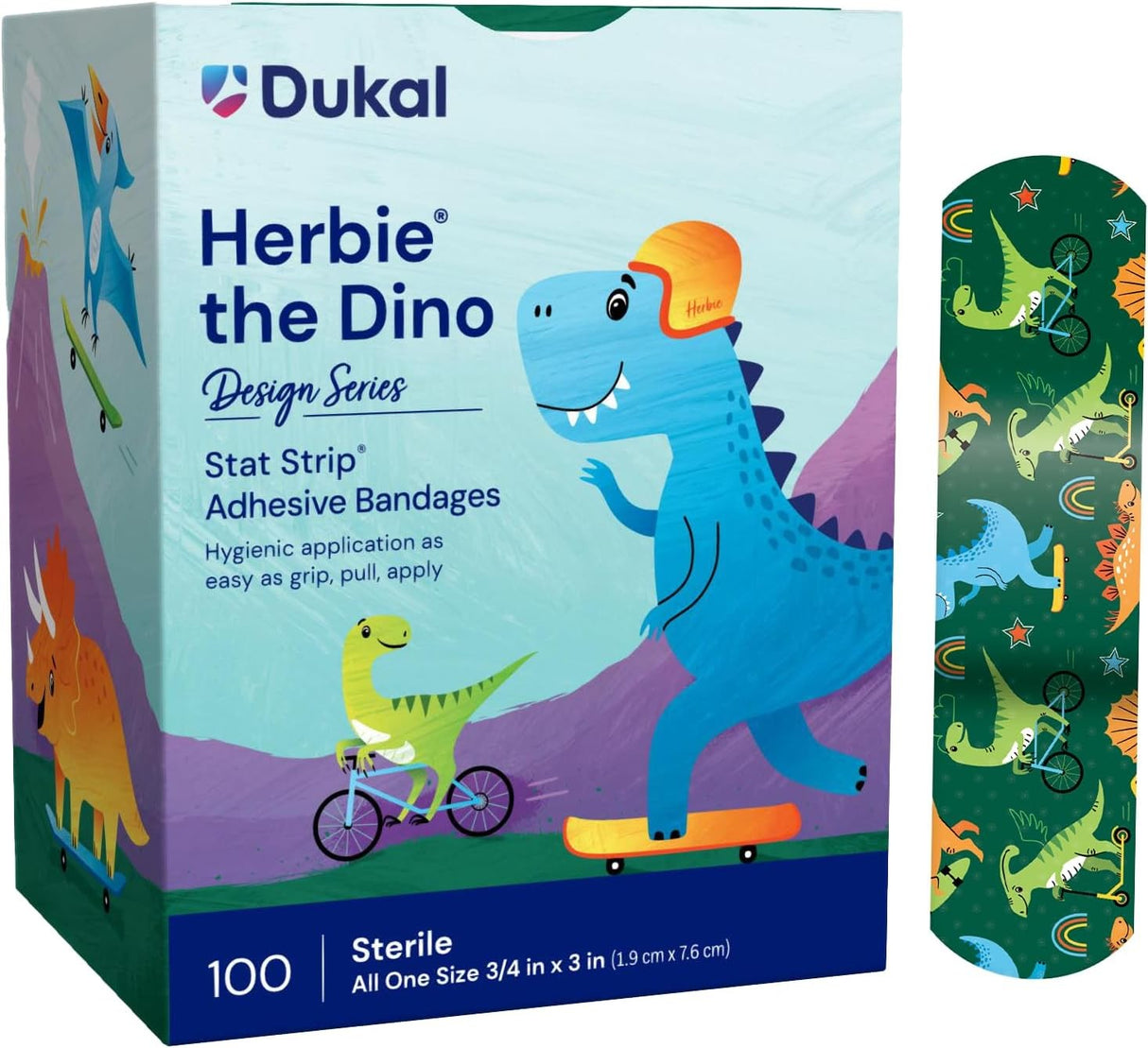 Dukal American White Cross Stat Strip Kid Design Herbie the Dinosaur Adhesive Strip