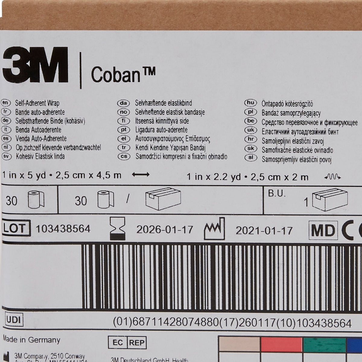 3M Coban Self-Adherent Cohesive Bandage, Blue, Nonwoven Elastic, Latex, Nonsterile, Standard Compression - LL Medico