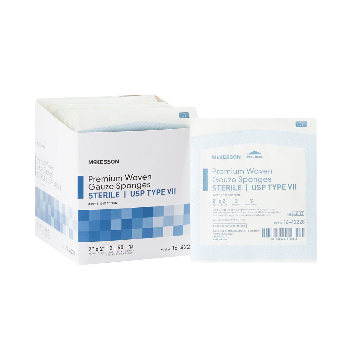 McKesson Gauze Sponge, Sterile, USP Type VII Gauze, White, 2 x 2", 8-Ply - 16-42228 - LL Medico