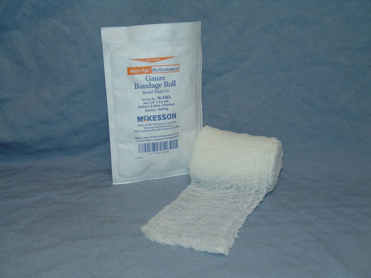 McKesson Gauze Bandage Roll Sterile, 6-Ply, 100% Cotton, 3.4 In x 3.6 Yds - 16-4263 - LL Medico