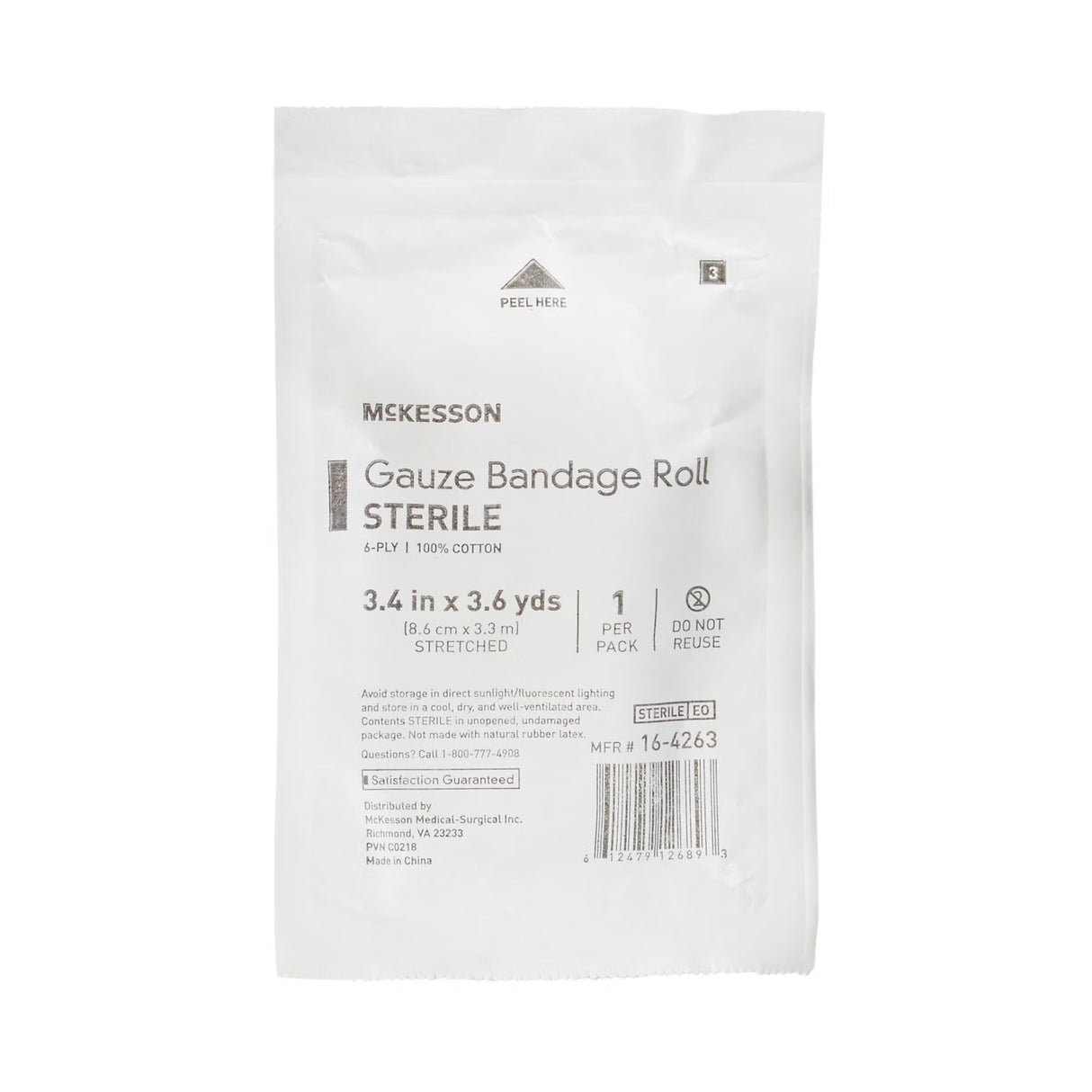 McKesson Gauze Bandage Roll Sterile, 6-Ply, 100% Cotton, 3.4 In x 3.6 Yds - 16-4263 - LL Medico