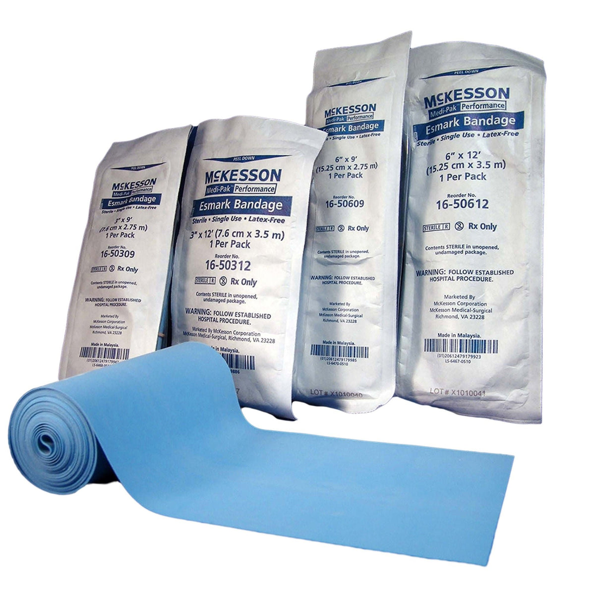 McKesson Esmark Compression Bandage, No Closure, High Compression, Blue, Polyisoprene, Sterile - LL Medico
