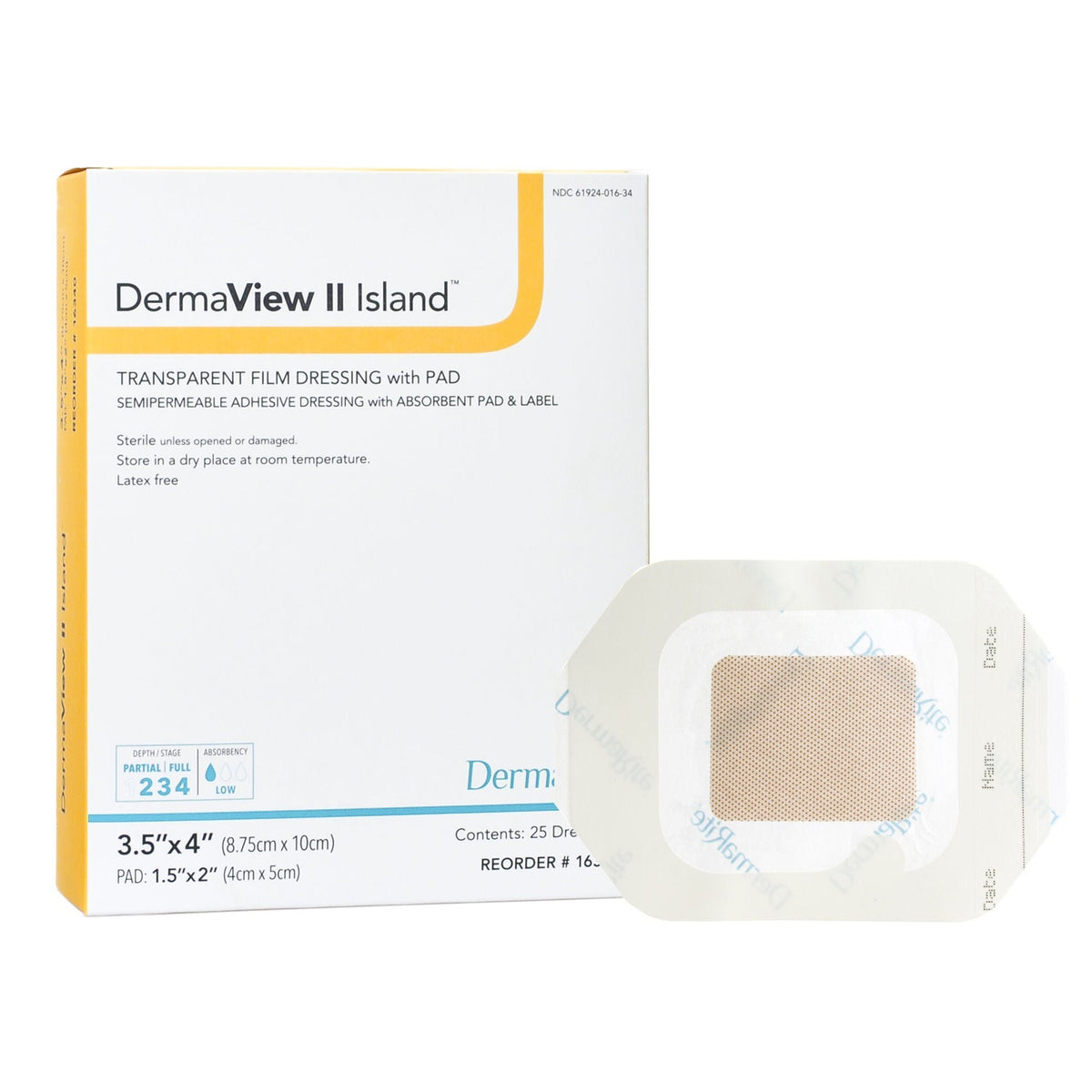DermaView II Island Transparent Film Dressing with Pad, Frame Style, Rectangle, 3.5 x 4", Adhesive / Film, Sterile - 16340-Single - LL Medico