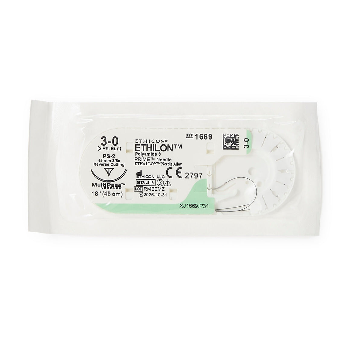 Ethilon Nonabsorbable Suture with Needle, Nylon Monofilament, Size 3-0, PS-2 0.375 Circle Precision Reverse Cutting Needle, Sterile - 1669H-Dozen - LL Medico