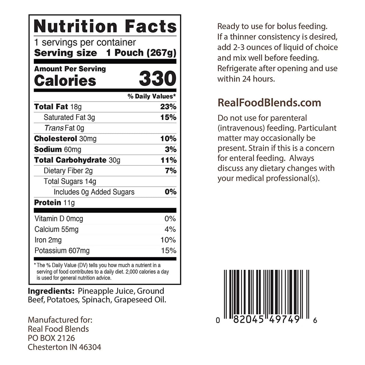 Real Food Blends Tube Feeding Formula, Beef, Potatoes & Spinach, 9.4 oz