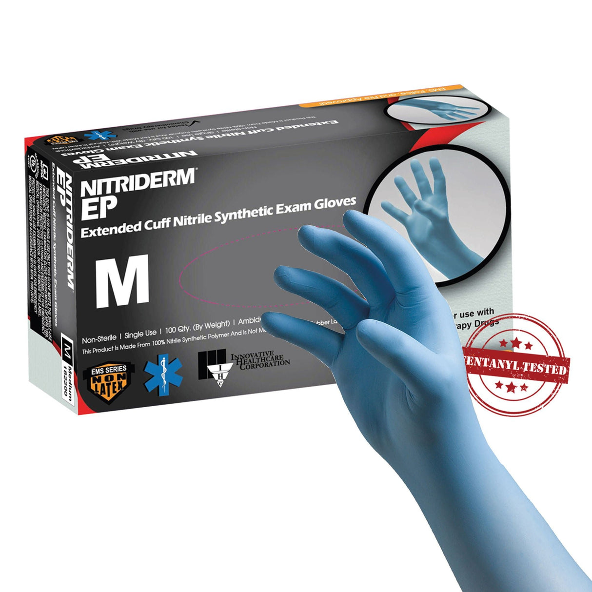 NitriDerm EP Extended Cuff Nitrile Exam Gloves, Medium, Box of 100 - 182200 - LL Medico