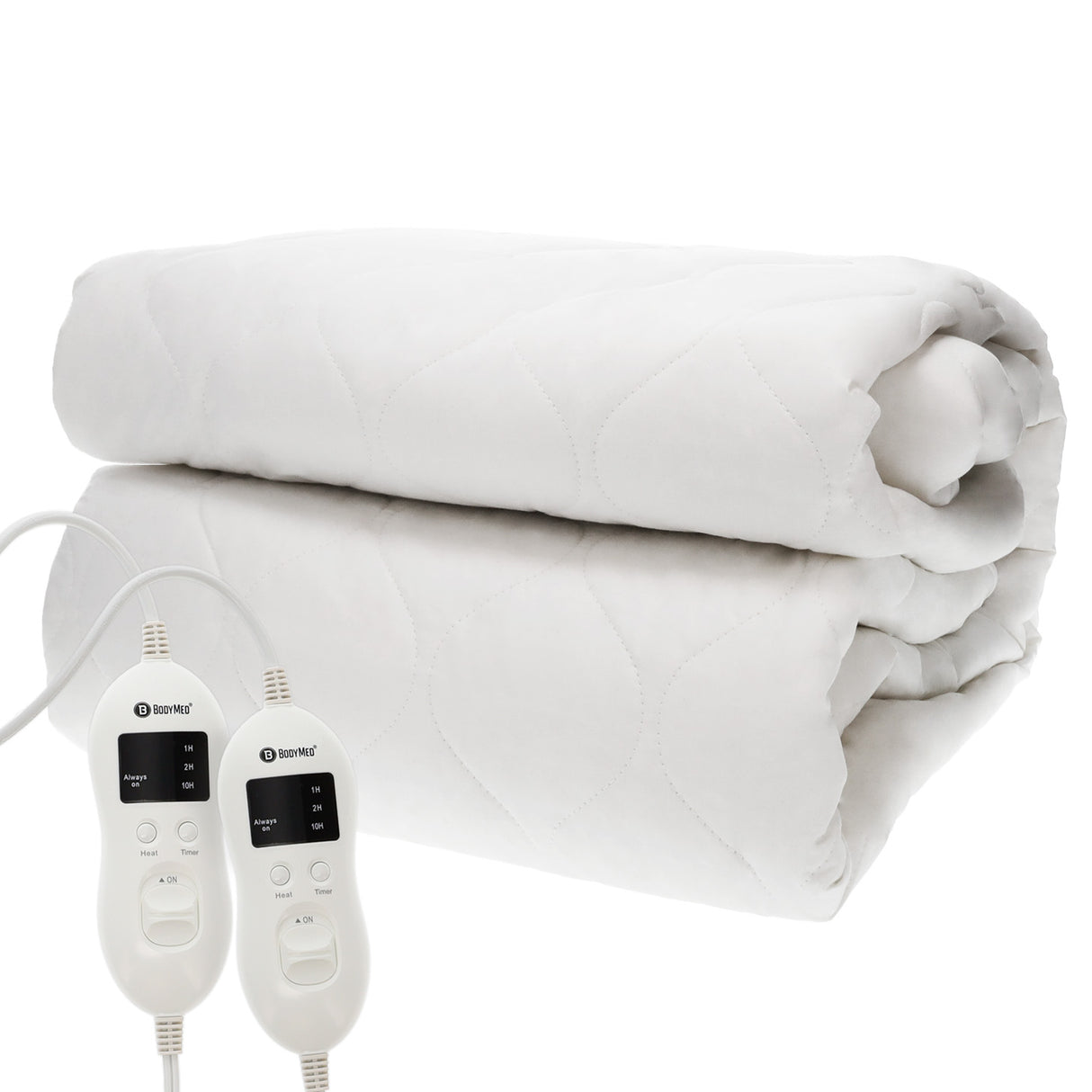 The BodyMed Heated Mattress Pad, Queen Size, is a folded white pad with two digital controllers, each with an LCD display and temperature adjustment buttons—perfect for queen-sized beds.