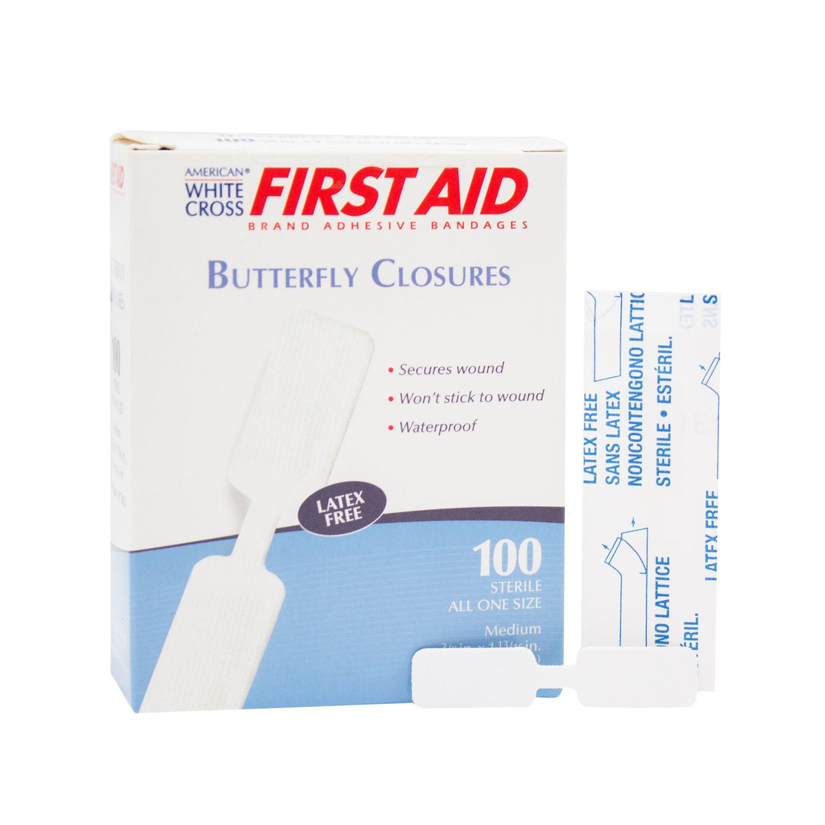 First Aid Brand Butterfly Closure Adhesive Bandages, Sterile, Nonwoven, White, 0.375" x 1.8125" - 1975033-Box - LL Medico