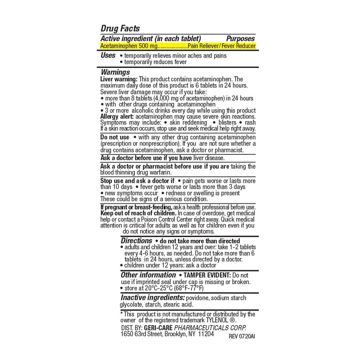 Geri-Care Health Star Extra Strength Acetaminophen Tablets, 500 mg - 201-05-HST - LL Medico